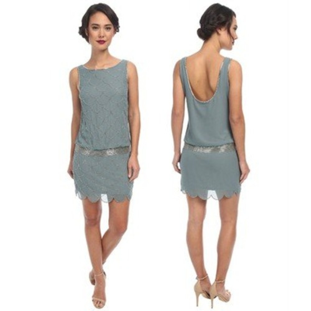 Adrianna Papell Beaded Fish Scale Drop Waist Flapper Dress 1920s Inspired 14